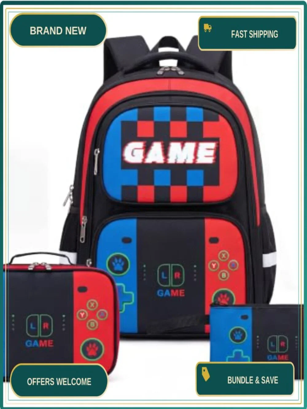 35L Gaming Backpack Set for Boys with Lunch Box Pencil Case, School Bookbag